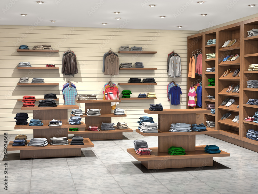 shop with wooden shelves, 3d illustration