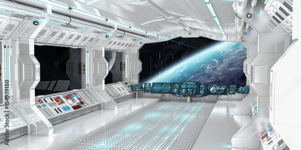 Spaceship interior with view on the planet Earth 3D rendering elements of this image furnished by NA