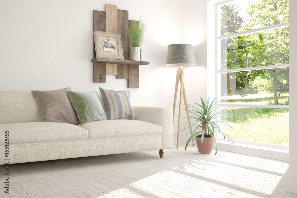 White room with sofa and green landscape in window. Scandinavian interior design. 3D illustration