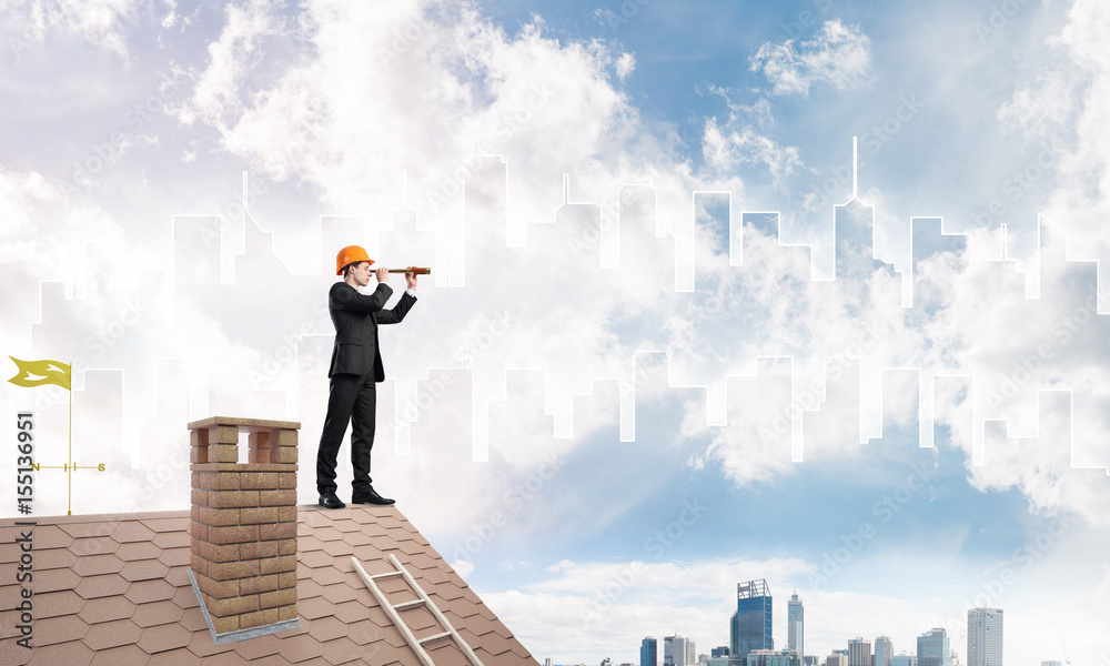 Engineer man standing on roof and looking in spyglass. Mixed media