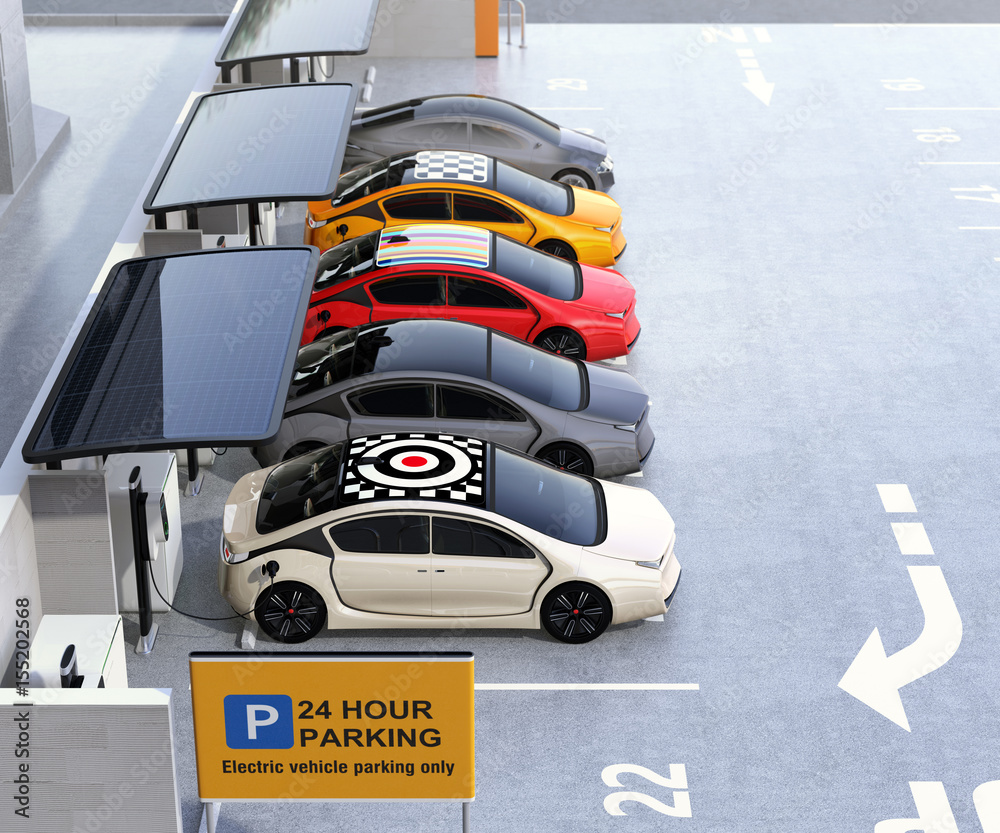 Parking lot equip with solar panel, battery and charging station for electric cars only. . 3D render