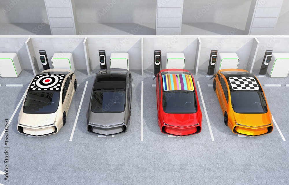 Electric cars charging at EV charging station. Cars roof with colorful graphic design. 3D rendering