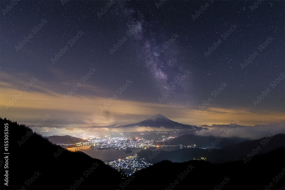 春天的富士山和河口湖的Milkyway