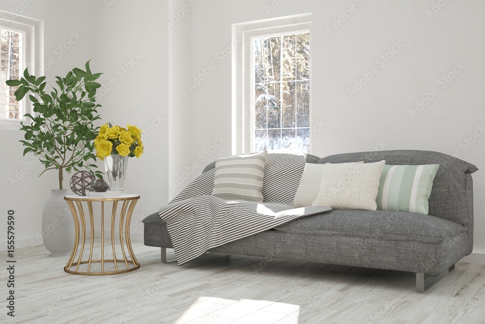 White room with sofa and winter landscape in window. Scandinavian interior design. 3D illustration