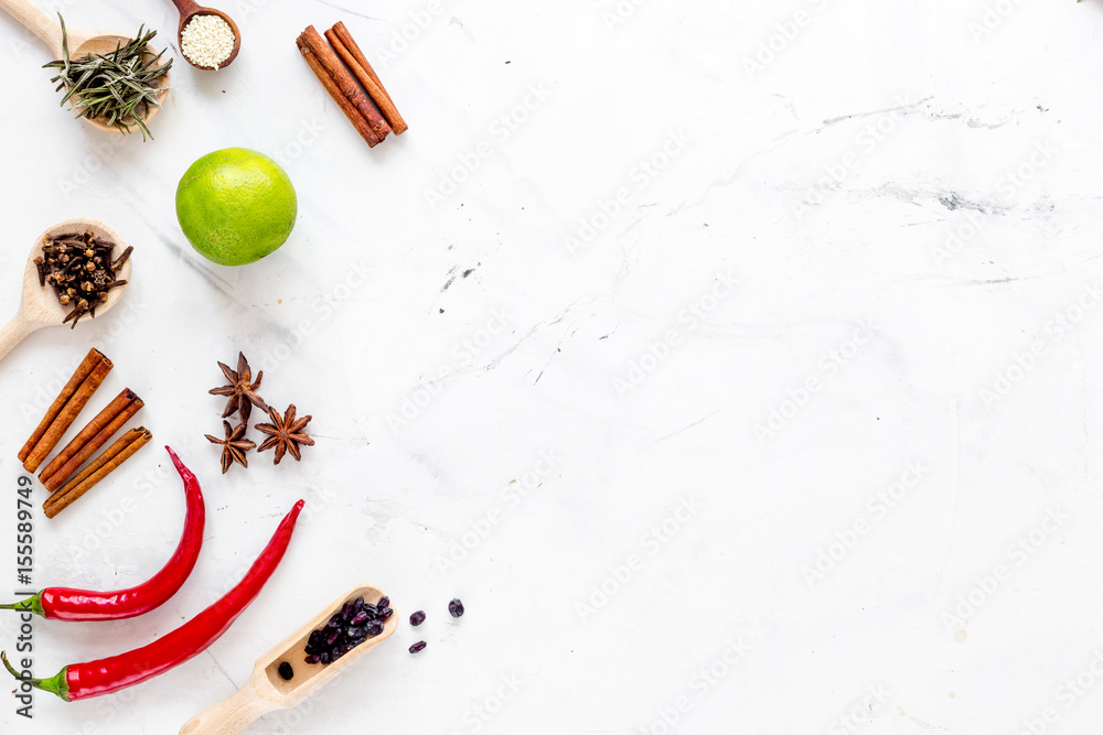 Cooking with spices, salt and pepper on kitchen table background top view mock-up