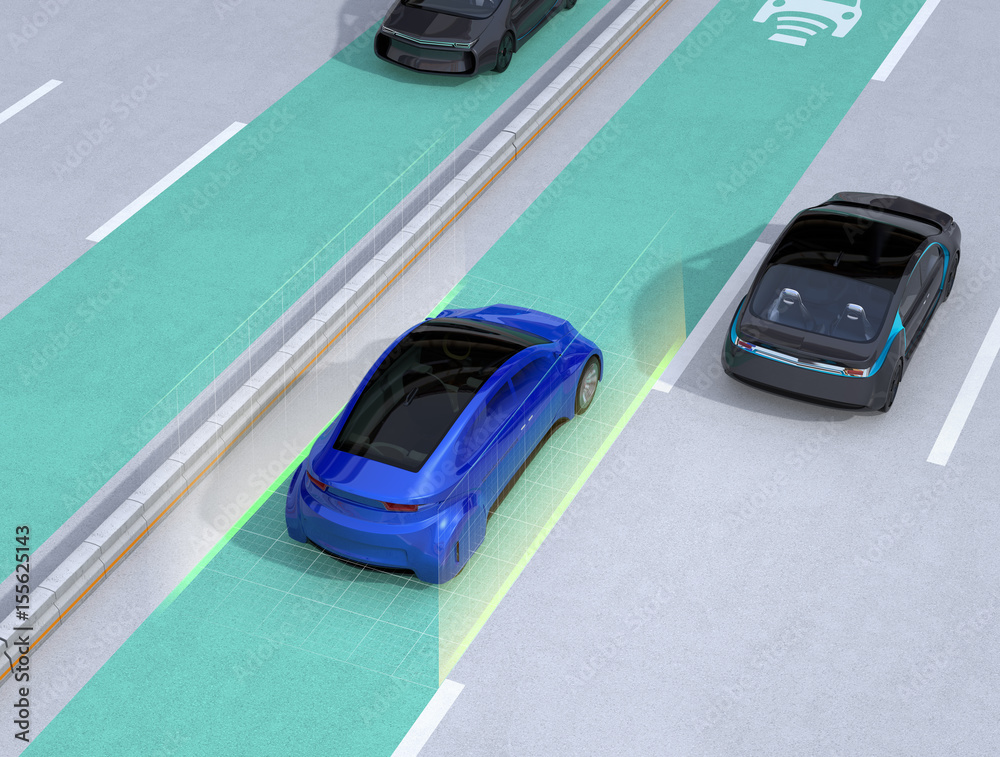 Lane keeping assist function concept for autonomous vehicle. 3D rendering image.