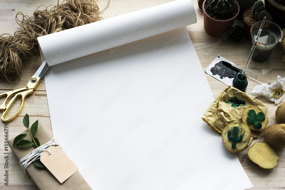 Painting Paper Cactus Plants On A Wooden Table