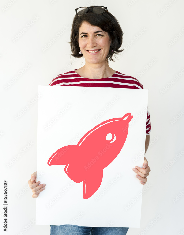 People holding placard rocket spaceship icon