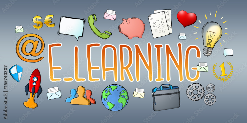 Hand-drawn e-learning text with icons