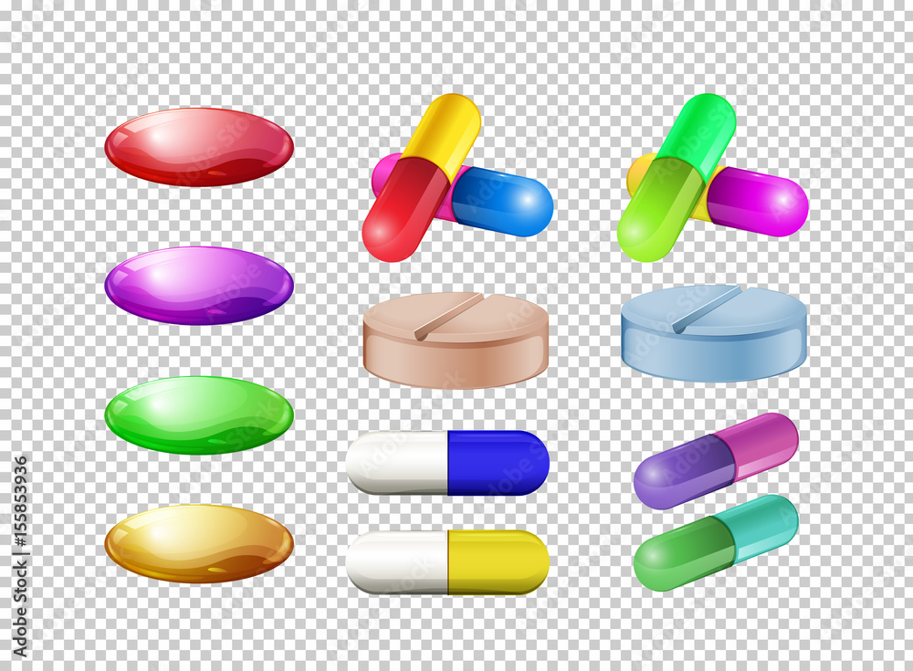 透明背景下不同颜色的药丸