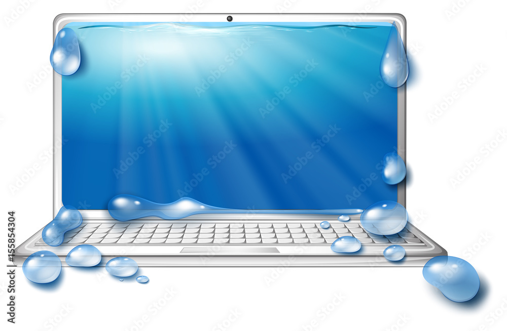 Computer laptop and ocean scene on screen