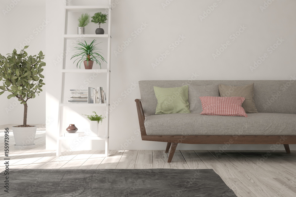 White room with sofa. Scandinavian interior design. 3D illustration