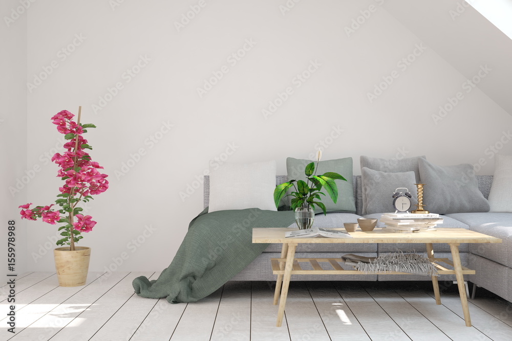 White room with sofa. Scandinavian interior design. 3D illustration