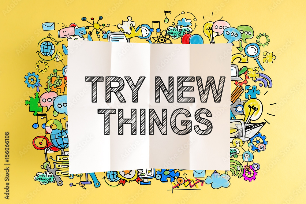 Try New Things text with colorful illustrations