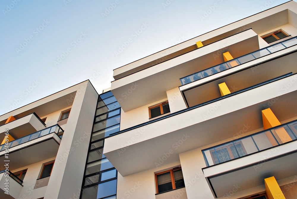 Modern apartment buildings exteriors. Architectural details of modern apartment building.