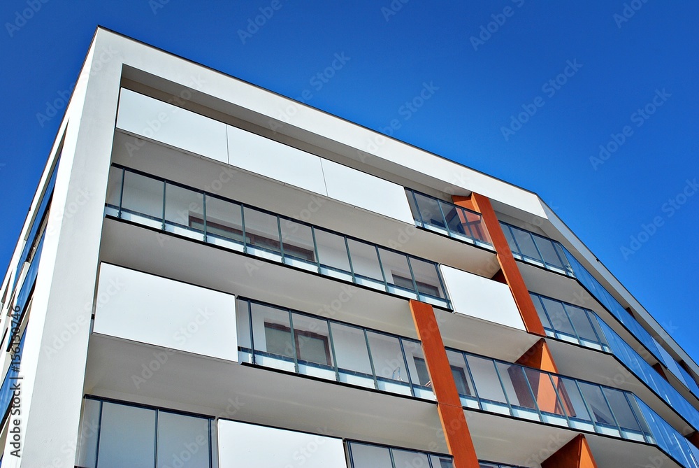 Modern apartment buildings exteriors. Architectural details of modern apartment building.