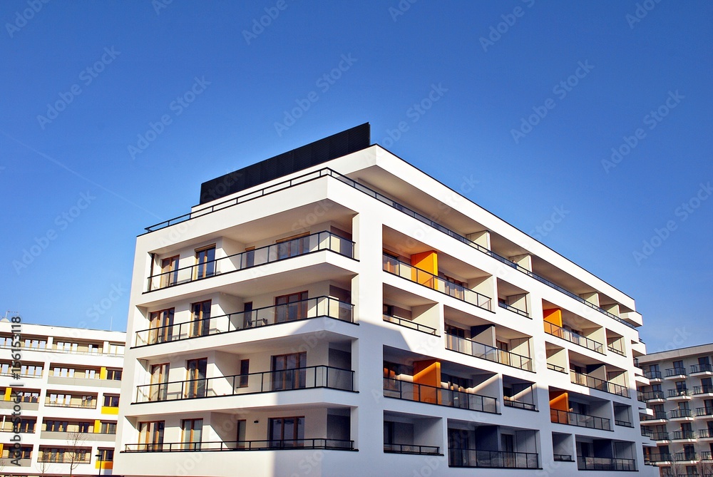 Modern apartment buildings exteriors. Architectural details of modern apartment building.