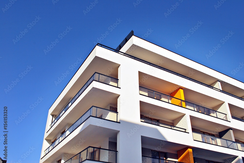 Modern apartment buildings exteriors. Architectural details of modern apartment building.