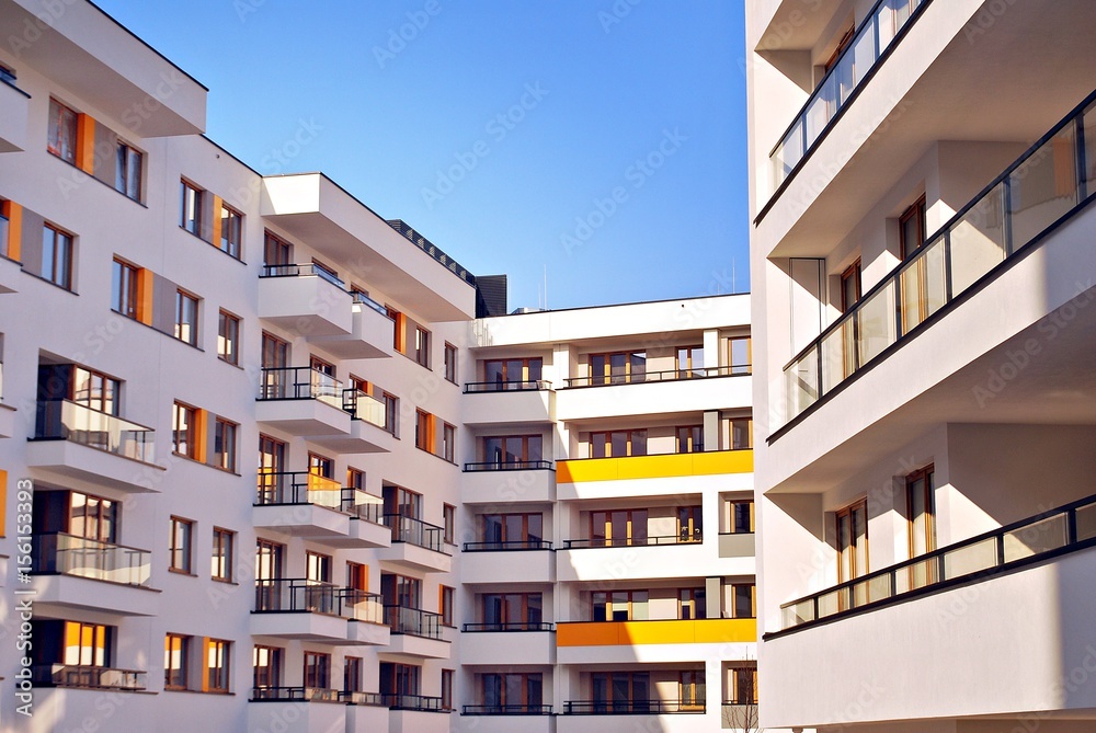 Modern apartment buildings exteriors. Architectural details of modern apartment building.