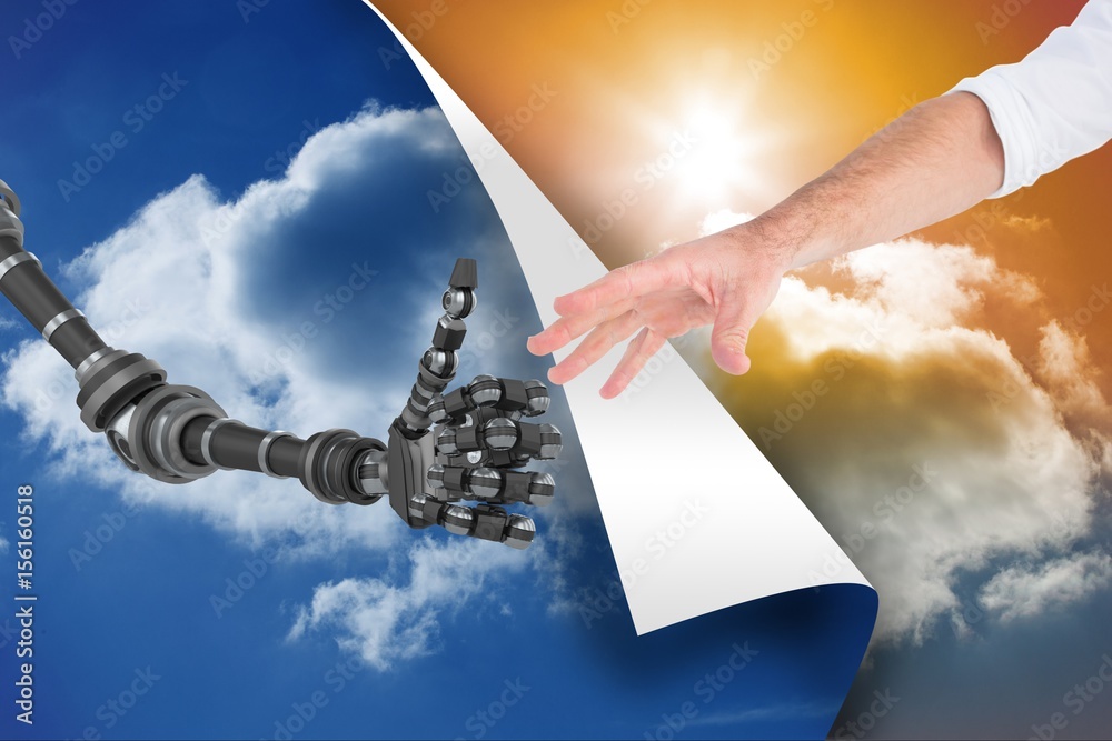 Human and robot touching their hands between blue sky and sunset