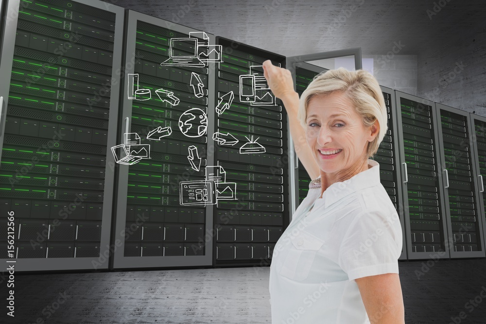 Businesswoman drawing against server room background