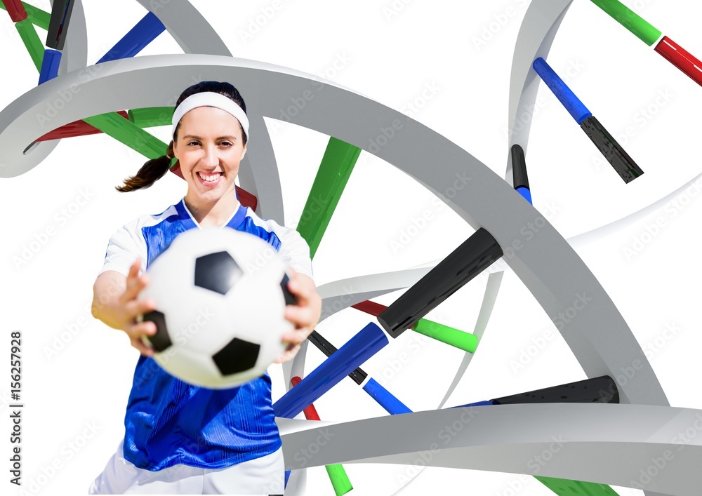 Woman with soccer ball with different dna chains