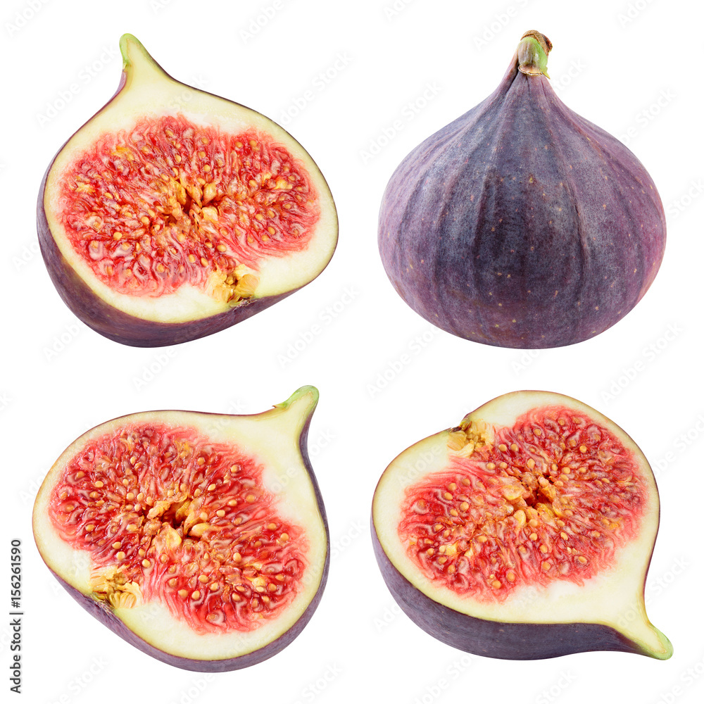 Fresh fig. Fig fruit and a half isolated on white background. Collection. With clipping path.