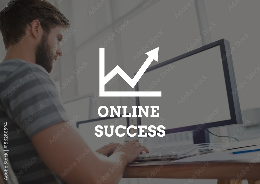 Online success text against man at computer