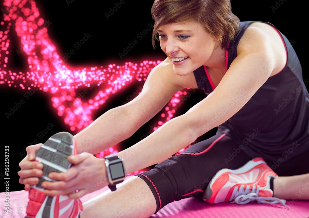 woman stretching with pink lights dna chain background