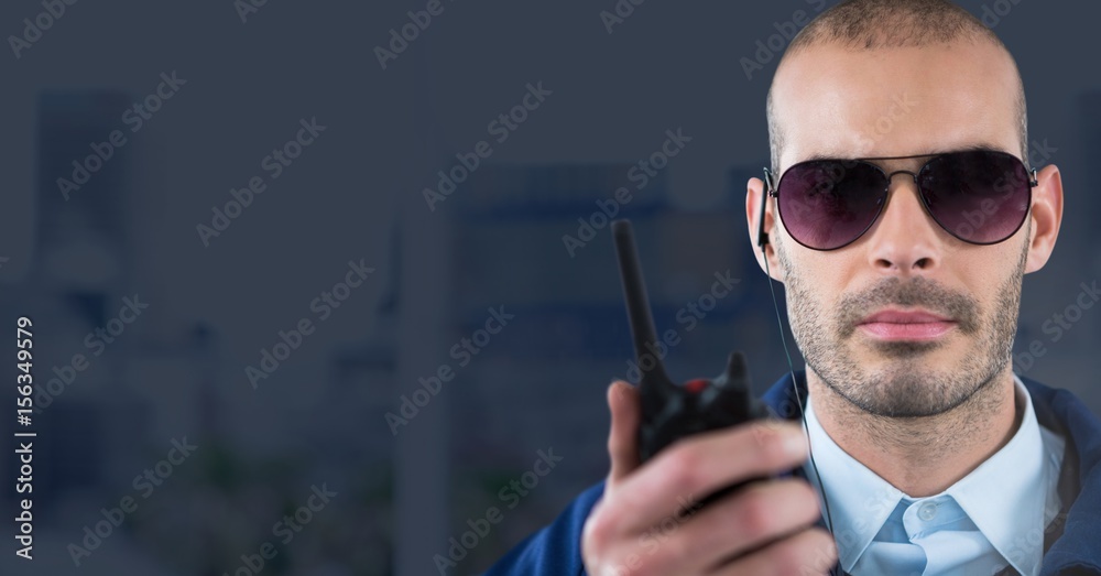 Security man in blue background city