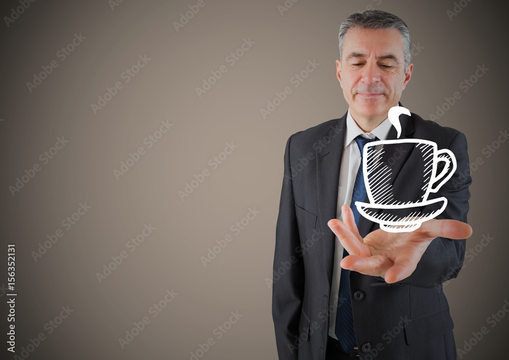 Business man hand out with white coffee against brown background