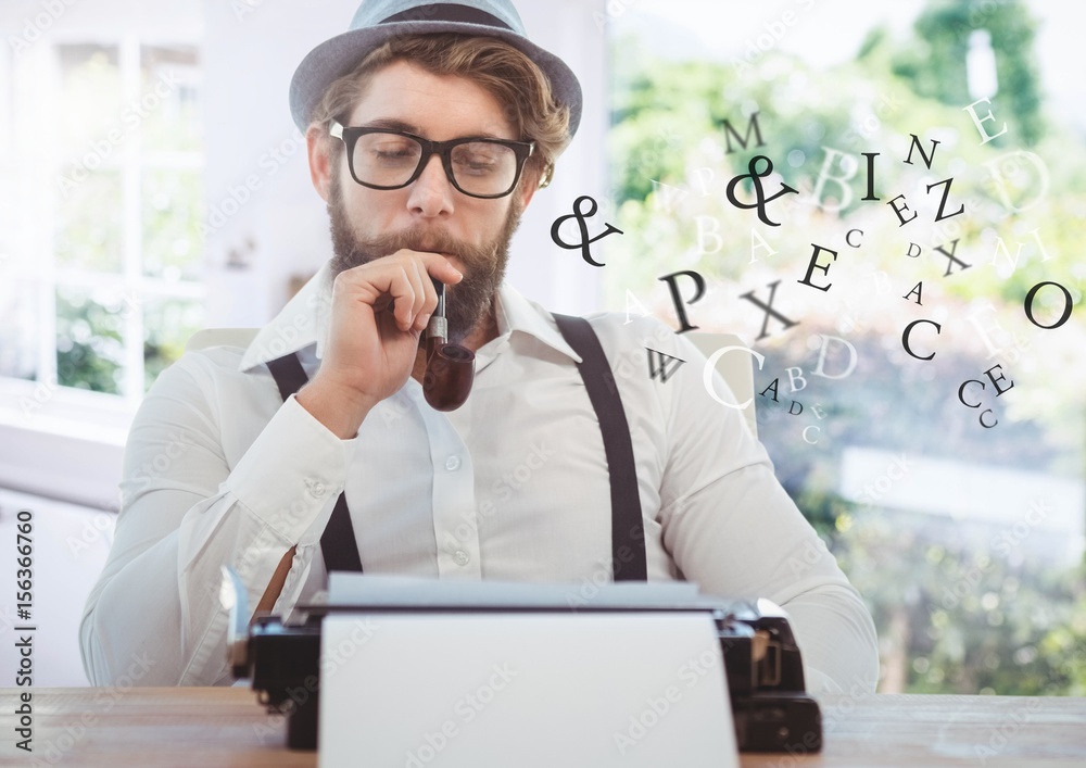 Hipster man  on typewriter with letters and bright windows