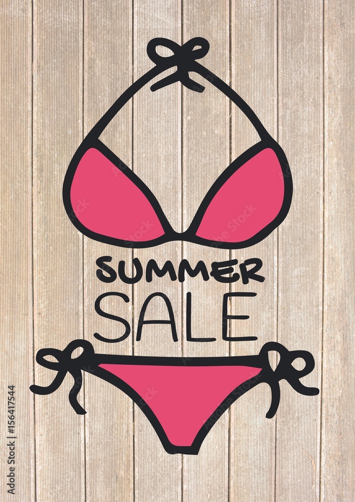 Summer sale text and pink bikini against decking