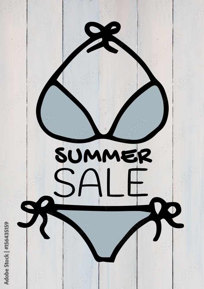 Summer sale text and blue bikini against white wood panel