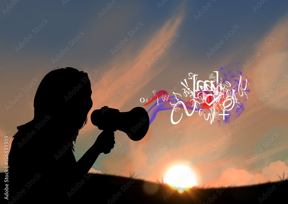 woman with megaphone silhouette in sunset 