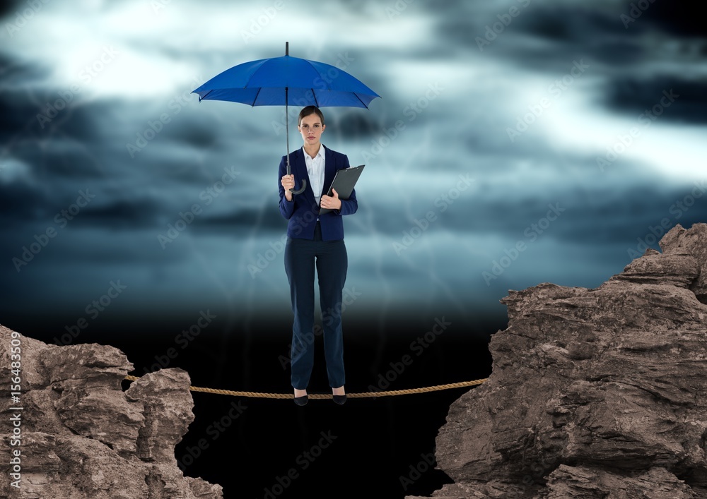 Digital image of businesswoman standing on rope 