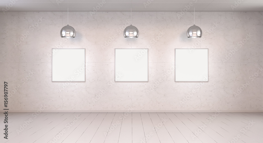 Three white blanks canvas on a wall 3D rendering