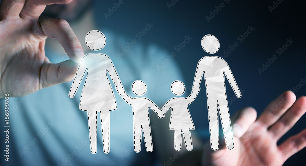 Businessman holding family interface in his hand 3D rendering