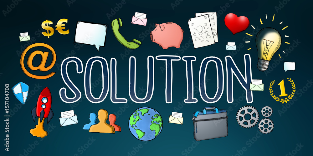 Hand-drawn solution text with icons