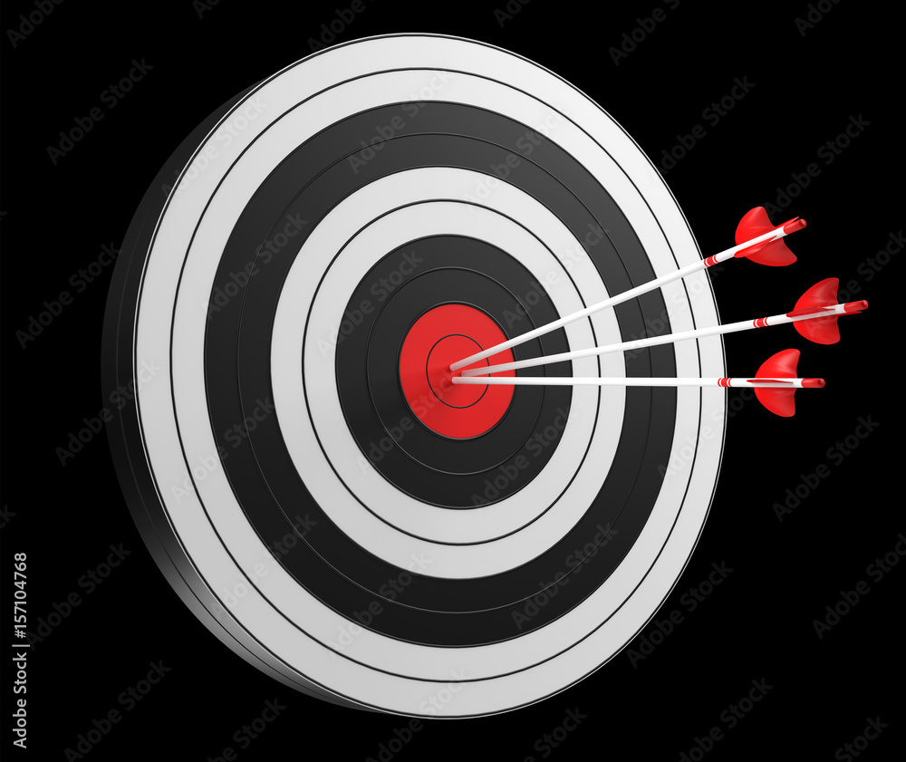 3D rendering target black white and red target with arrows