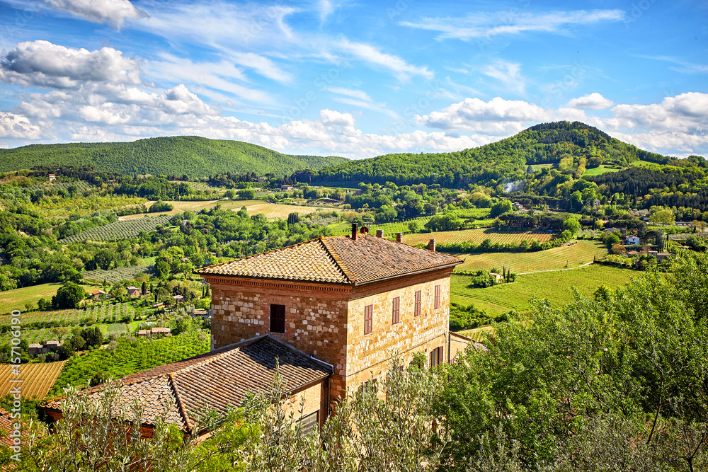 View over the Tuscan countryside and the town of Montepulciano, Italy