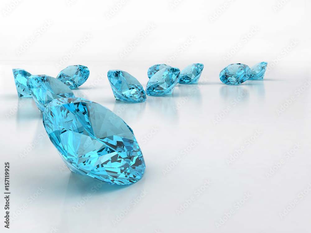 Group of blue gem diamond placed on white 3d illustration.