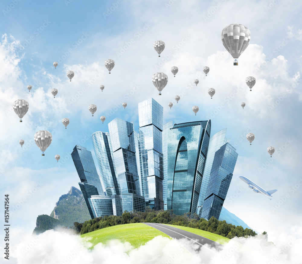 Concept of eco green life as elegant business center on white clouds