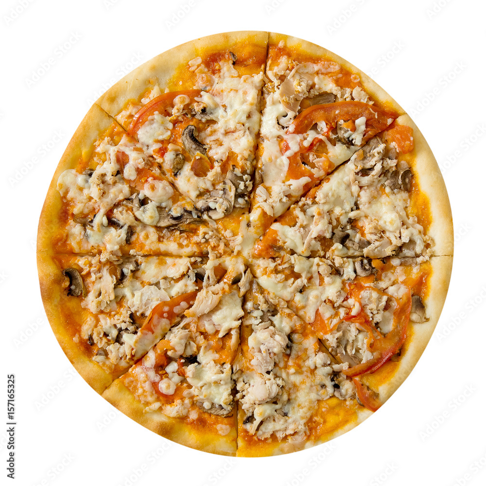 Fresh homemade tasty pizza on white background.