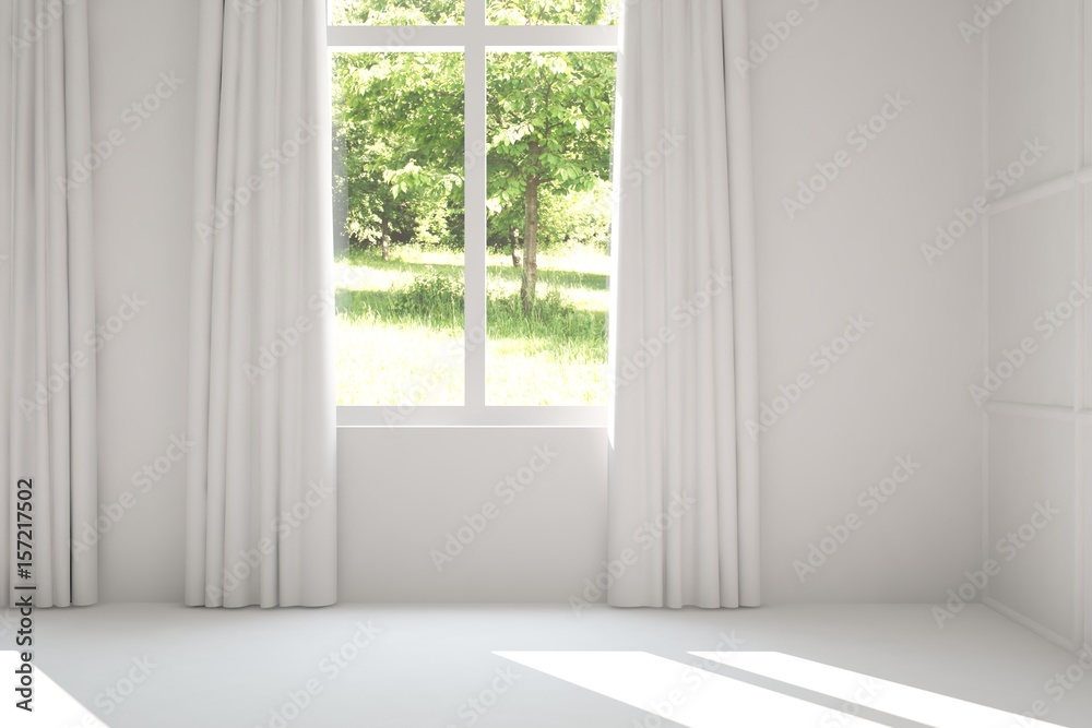 White empty room with green landscape in window. Scandinavian interior design. 3D illustration