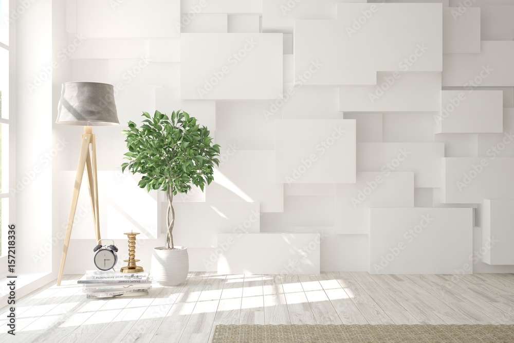 White empty room with flower and lamp. Scandinavian interior design. 3D illustration