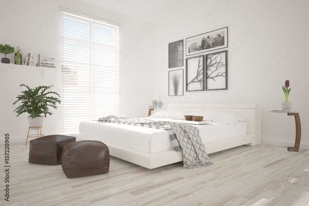 White modern room with sofa. Scandinavian interior design. 3D illustration