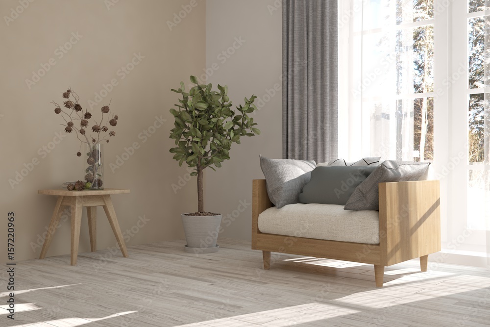 White room with armchair and winter landscape in window. Scandinavian interior design. 3D illustrati