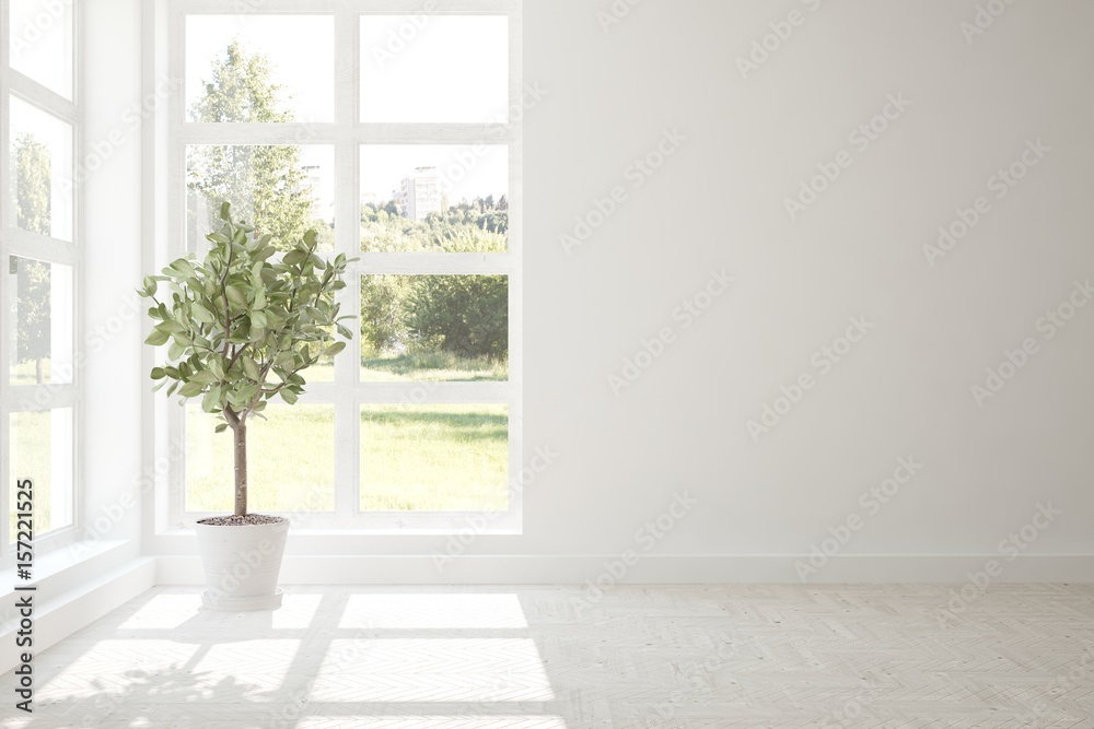 White empty room with green landscape in window. Scandinavian interior design. 3D illustration