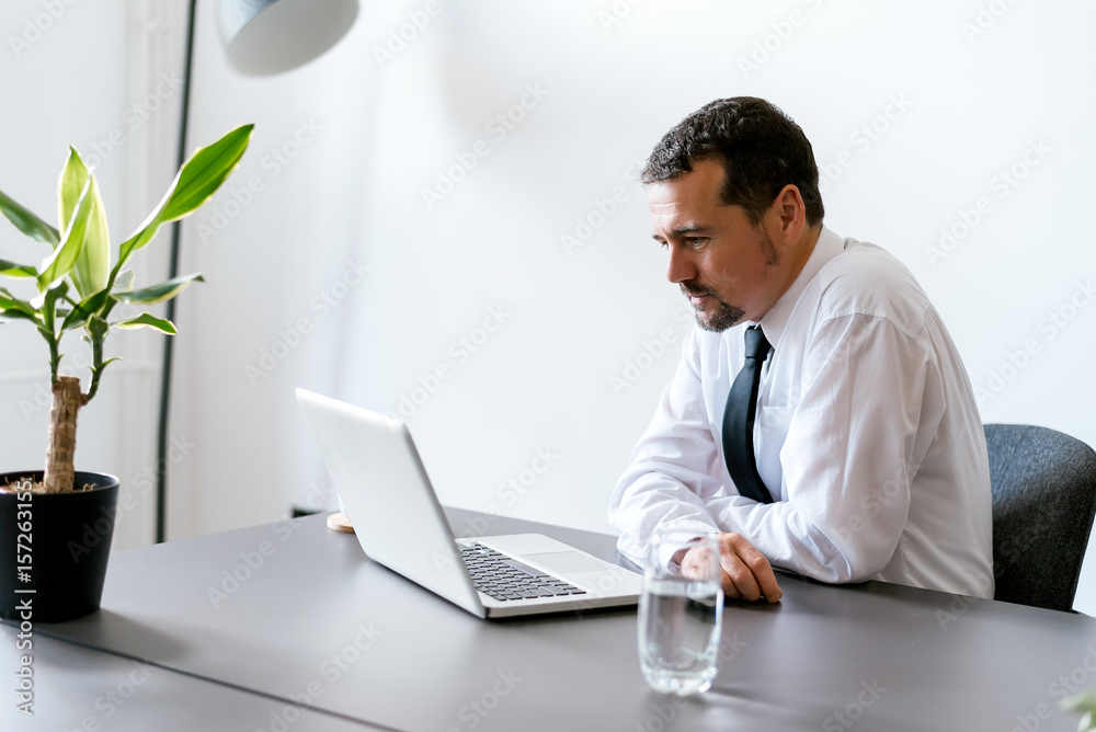 Portrait of senior businessman sitting at office desk and looking at lap top computer screen.